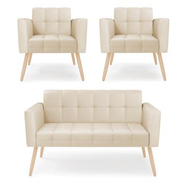 Imagem de Kit 1 Sofá Namoradeira e 2 Poltronas Elisa Corino Bege Pés Palito Natural D03 - D'Rossi