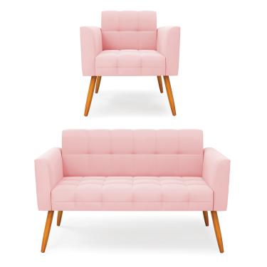 Imagem de Kit 1 Sofá Namoradeira e 1 Poltrona Elisa Suede Rosa Bebê Pés Palito Castanho D03 - D'Rossi