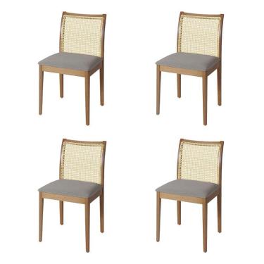 Imagem de Jogo 4 Cadeiras De Jantar Juliana Jequitibá Natural Em Madeira Maciça Encosto Palha Linho Cinza
