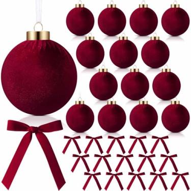 Imagem de Wettarn 15 conjuntos de kit de decoração de enfeites de veludo de Natal de 8 cm, inclui bolas e laços de veludo para guirlanda de árvore de Natal, decoração vintage para pendurar no feriado