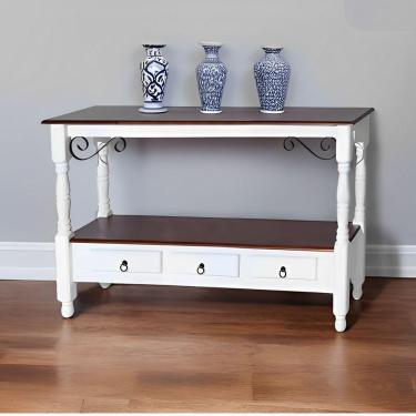 Imagem de Aparador Para Sala Rústico Com 3 Gavetas E Pés Torneados - Branco Laca E Tampos Castanho Envelhecido