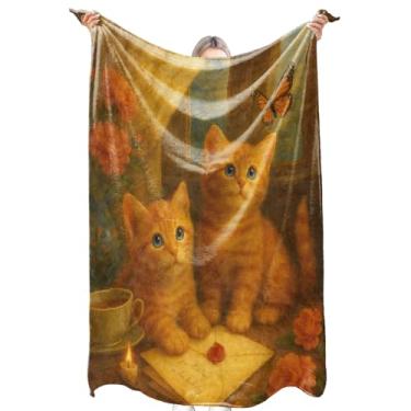 Imagem de zbezbe Cobertor de flanela vintage laranja gato malhado borboleta flor motivo manta cobertor leve macio para festa, cadeira, cama, sofá, acampamento, viagem, decoração retrô de casa, presentes para