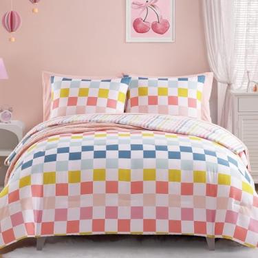 Imagem de Wink Deer Conjunto de edredom casal para meninas - Jogo de cama casal xadrez colorido, 7 peças, cama ultramacia, em uma bolsa com lençóis