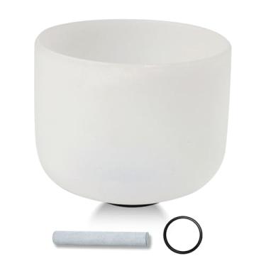 Imagem de Conjunto de tigelas de canto de cristal fosco de 28 cm D Note Sacral Chakra sacral, taças de som de cristal de quartzo branco para meditação, cura, ioga com golpe de camurça, anéis de vedação