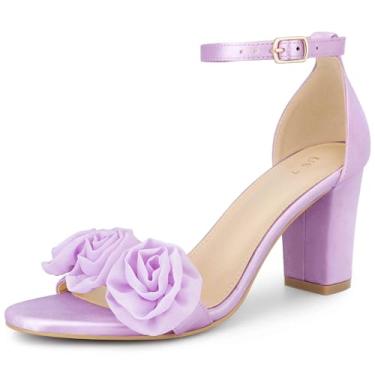 Imagem de Perphy Sandálias femininas de salto grosso com tira no tornozelo floral, Roxa, 40