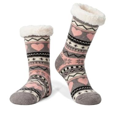 Imagem de LIGHT DOT Meias femininas de inverno com forro de lã de ovelha com estampa de coração, antiderrapante, aderente, aconchegante, macia, quente, presente de Natal, Rosa, cinza, 6-10