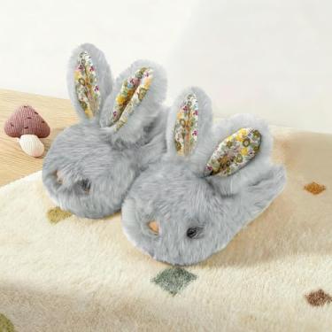 Imagem de Pantufas de coelho para crianças pequenas, meninos e meninas, animais fofos, macios de pelúcia para casa, casa, interior, inverno, quarto, antiderrapante, coelho, quente, sapatos de bebê, cinza claro