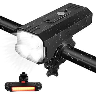 Imagem de Conjunto de luzes de bicicleta recarregável por USB, à prova d'água, luz frontal e traseira, 5200 mAh, 7 modos de luz, farol de bicicleta com luz traseira para ciclismo (BK40-11034)
