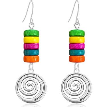Imagem de unixmoment Brincos femininos boêmios, vintage, prata, espiral, redondo, com contas de madeira, Large, Metal, Sem pedra preciosa