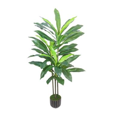 Imagem de Árvore artificial Dracaena de 1,5 m - Árvore de plantas falsas com plantador preto - Árvore de mandioca falsa alta com tronco realista e folhas em vaso - Árvore artificial Dracaena para decoração de