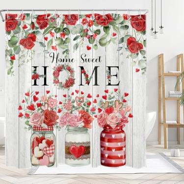 Imagem de YRWSU Cortina de chuveiro para o dia dos namorados, casa doce lar rosa vermelha coração pedreiro padrão rústico tecido impermeável decoração amor, 182 x 182 cm