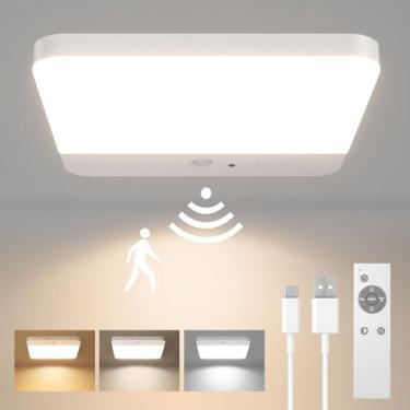 Imagem de FULEN Plafon LED teto com sensor de movimento, candeeiro de teto sem cabos para casa de banho com bateria, luz de duche recarregável, alpendre, escadas, garagem, 3 temperaturas de cor, controlo remoto