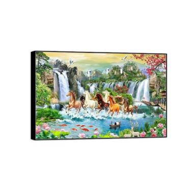 Imagem de BMZFYBS Chinoiserie Arte de parede paisagem imagem em tela - cachoeira lago cavalo pássaros - pintura chinesa - impressões em moldura preta para decoração de casa 30 x 45 cm 12 x 18 pol