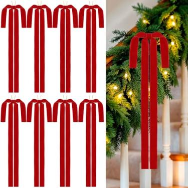 Imagem de Pacote com 9 laços longos de veludo vermelho, enfeites de Natal, 59,7 x 39,4 cm, fita vintage grande, laço rústico, pré-fabricado para enfeite de árvore de Natal, guirlanda, escada, porta, lareira ao