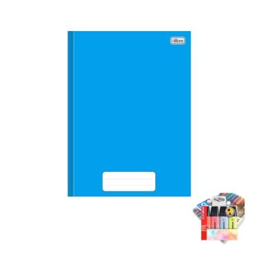 Imagem de Kit Caderno Brochura Capa Dura Azul 80 Folhas + Caneta Trigel Metálica 1.0mm + Marca Texto Boss 04 Cores Pastel