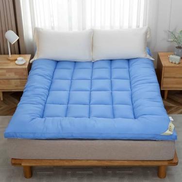 Imagem de Yadlan Colchão de futon de chão japonês dobrável dobrável tamanho completo, dormitório portátil e almofada de dormir de acampamento azul 200 x 220 cm