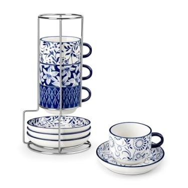 Imagem de vancasso Xícaras de café expresso empilháveis de 118 ml com pires, conjunto de 4 xícaras de cappuccino de porcelana, conjunto de xícaras de café com suporte de metal para bebidas de café especiais