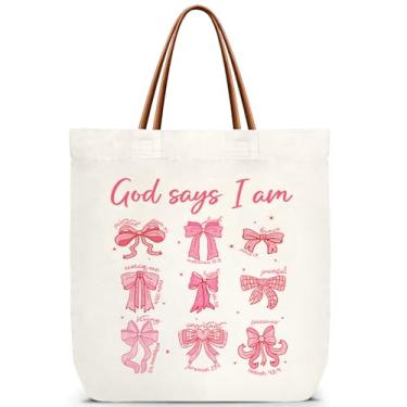 Imagem de ZEDEV Sacola God Says I Am Christian, sacola de lona com laço rosa, reutilizável, para viagens, trabalho, compras, academia, bolsa de aniversário, presente para mulheres cristãs, professoras, amigas