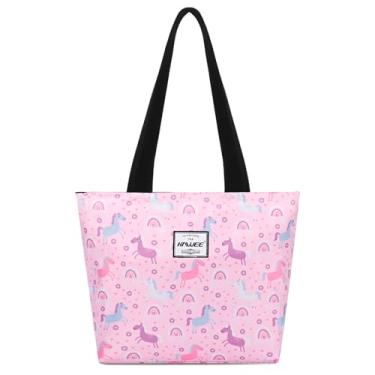 Imagem de HAWEE Bolsa feminina com zíper, bolso interno de malha, resistente, casual, anti-água, bolsa de ombro para viagem, Unicórnio rosa, One Size, Bolsa