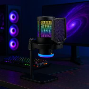 Imagem de Microfone Condensador RGB Gamer com Redução de Ruído Conexão Tipo C Pr