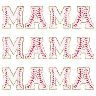 Imagem de FINGERINSPIRE 12 peças de adesivos Mama Letters Chenille 2 estilos passar/costurar em letras brancas estilo beisebol apliques apliques costurar enfeites de chenille com borda dourada para decoração de