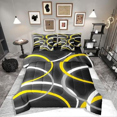 Imagem de Erosebridal Conjunto de edredom geométrico, amarelo, preto, cinza, tamanho Queen, 7 peças, estilo retrô, listras, círculo, abstrato, estética, crianças, adultos, homens e mulheres