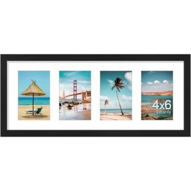 Imagem de Vittanly Moldura de colagem de 20 x 50 cm, exibe 4 peças de imagens de 10 x 15 cm com tapete, molduras para decoração de parede para exibição horizontal ou vertical, preto, 1 pacote