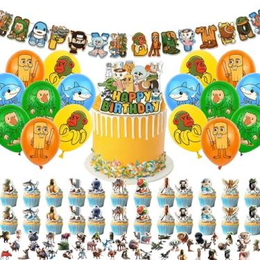 Imagem de Conjunto de decorações de aniversário italiano Brainrot, inclui 1 faixa, 24 peças de topo de bolo, 1 topo de bolo grande, 16 balões, 50 adesivos, ótimo para festa de torção cerebral e Tung Tung Sahur