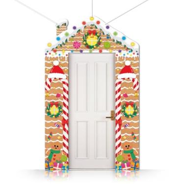 Imagem de CUTHOLLOW Decoração de festa de doces coloridos de Natal 3 peças banner de sinal de varanda, homem de gengibre e decorações de neve de inverno faixa de porta suspensa - material de tema de fundo de