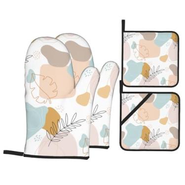Imagem de Conjunto de luvas de cozinha estampadas de geometria simples com suportes de tampa, luvas de forno resistentes ao calor para manusear panelas quentes, grelhar, churrascos, kit de 4 peças.