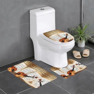 Imagem de ZERAOKE Conjunto de tapetes de banheiro com estampa de borboleta e violoncelo - Tapetes de flanela antiderrapantes, secagem rápida e almofada em forma de U para banheiro, suítes de hóspedes