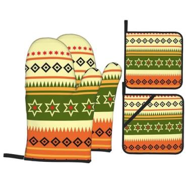 Imagem de Conjunto de luvas de cozinha indianas, africanas, listradas, com suportes de tampa, luvas de forno resistentes ao calor para manusear panelas quentes, grelhar, churrascos, kit de 4 peças.