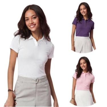 Imagem de Kit 3 Camisas Polo Feminina Baby Look Piquet Poliéster - Genérico, Bra