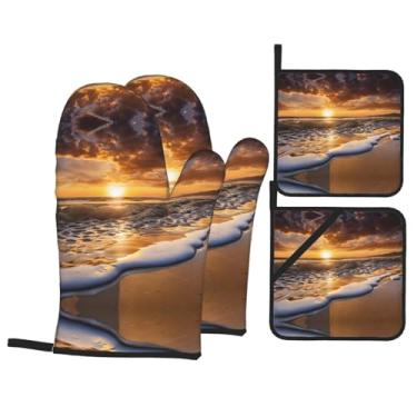 Imagem de Sunset Beach - Conjunto de luvas de cozinha estampadas com suportes de tampa, luvas de forno resistentes ao calor para manusear panelas quentes, grelhar, churrascos, kit de 4 peças.
