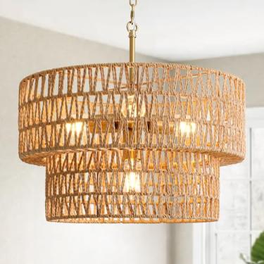 Imagem de SupMaka Luminárias De Lustre De Vime Boho De 17,8", Pendente De Vime De 4 Luzes Com Cúpula De Vime De 2 Camadas, Luminária Suspensa De Vime De Fazenda Para Sala De Jantar, Sala De Estar, Ilha De Coz