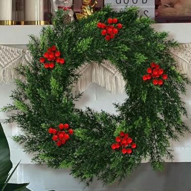 Imagem de Guirlanda de pinheiro de Natal para porta da frente, guirlanda verde de videira com toque real, caules de vegetação, férias, ambientes externos, ambientes internos (C)