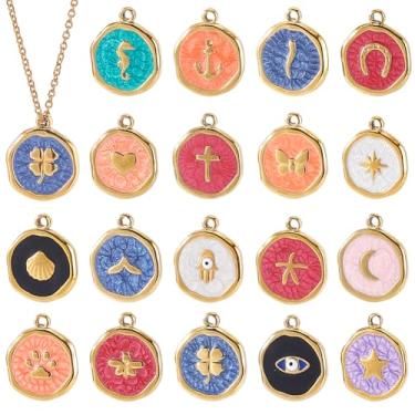 Imagem de arricraft 18 peças de pingentes de esmalte redondos planos com cruz de trevo borboleta olho de diabo estrela do mar lua estrela coração pingentes para fazer joias pulseira brincos colar