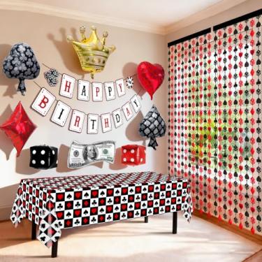 Imagem de 12 peças de decorações de festa com tema de cassino, decorações de festa de las vegas incluem balão de pôquer e banner, cortinas de franja de pôquer, toalha de mesa descartável para decoração noturna