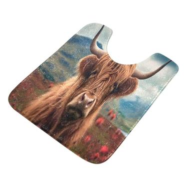 Imagem de Burbuja Tapete de banheiro Highland Cow, tapete de banho absorvente de pelúcia macio, base antiderrapante para piso de banheiro, oval em forma de U