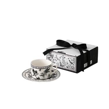 Imagem de Conjunto de presente xícara café e prato cerâmica retrô com flor Banxia caneca pequena perfumada estilo coreano ins padrão pássaro decoração poesia ro