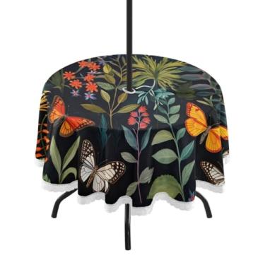 Imagem de CEBUGI Toalha de mesa redonda para uso externo, borboleta, flor, impermeável, com furo Umberlla, capa de mesa lavável para pátio, cozinha, sala de jantar, 152 cm