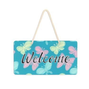 Imagem de Burbuja Placa de boas-vindas Butterflies in Pastel para porta da frente, placa de boas-vindas de PVC para pendurar na parede varanda casa de fazenda, decoração de feriados, 15 x 28 cm