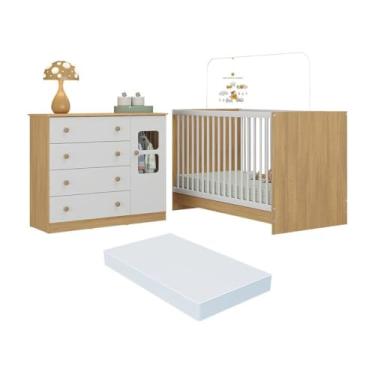 Imagem de Berço 3 em 1 com Colchão Incluso e Cômoda 1 Porta 4 Gavetas Brisa Multimóveis Mp4751 Madeirado/branco