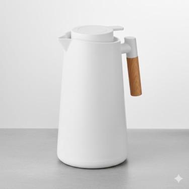 Imagem de Garrafa Térmica Bule 1 Litro Parede Dupla com Ampola de Vidro e Alça de Madeira Branca