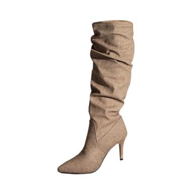 Imagem de Bota feminina de salto alto, confortável, casual, com bico fino para lazer e atividades internas, ótimo para conforto diário, Caqui, 36
