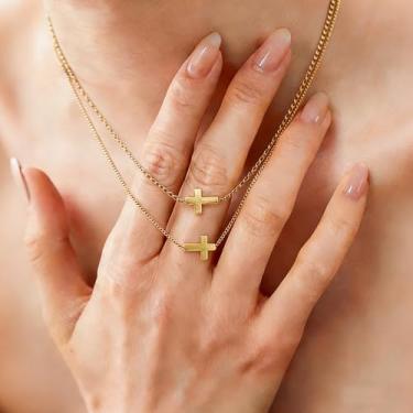 Imagem de Colar de cruz feminino, banhado a ouro prata 14K, pingente de cruz minúsculo, simples, moderno, fofo, religioso, presente para mãe, amigos, esposa, avó, colar cristão delicado, Medium, Metal, Sem