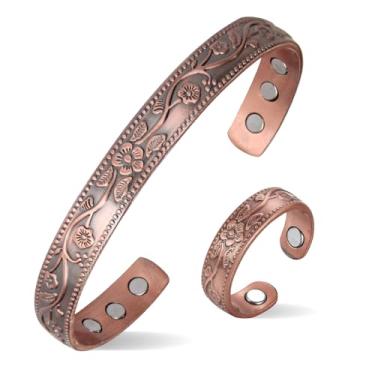 Imagem de MagEnergy Pulseiras de cobre para mulheres, pulseira magnética vintage de cobre 99,9% puro com 3500 ímãs gauss, joia ajustável para presente, 6.8 inches, Cobre, Sem Pedra Preciosa