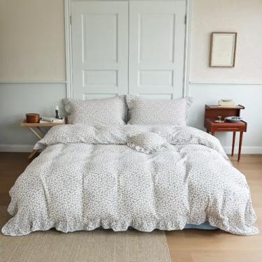 Imagem de BuLuTu Conjunto de capa de edredom de musselina Queen Blue floral, roupa de cama com babados com tema de flores, musselina Oeko-TEX, capa de edredom com fronhas, macio, respirável, leve