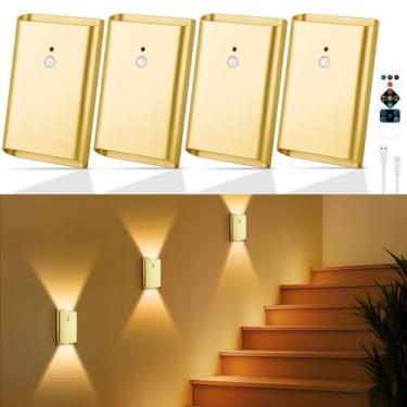 Imagem de Pacote com 4 luzes de parede operadas por bateria - Arandela de parede com sensor de movimento recarregável de 5000 mAh com controle remoto, lâmpada de parede sem fio de 3 cores, sensor de movimento
