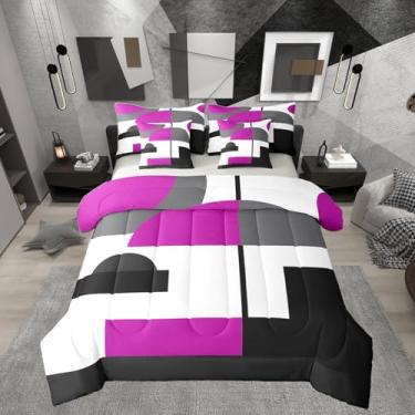 Imagem de Erosebridal Jogo de cama Queen com listras geométricas modernas e listradas, roxo, preto, cinza, para crianças, adolescentes, adultos, mulheres, quarto, abstrato, simples, em uma bolsa